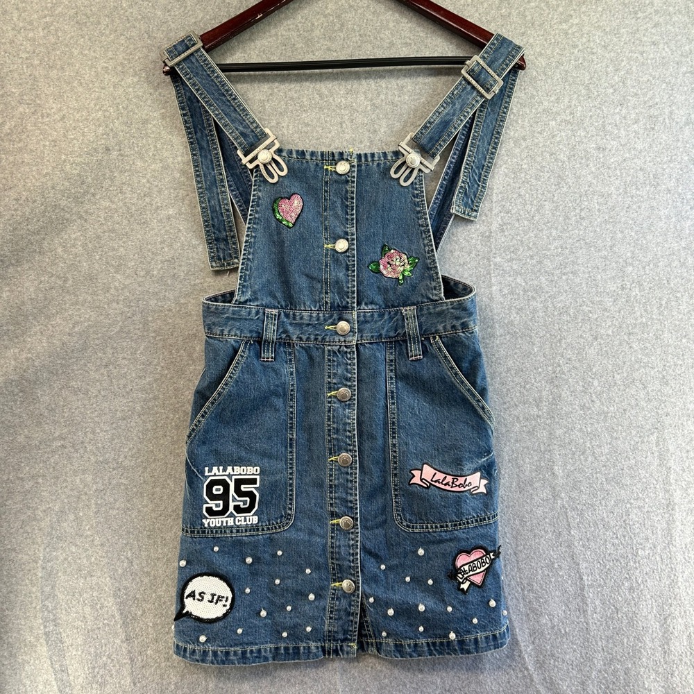 LALABOBO Denim Overall Dress Blue Pearl Retro Festival Twee Girl Patches Size 25